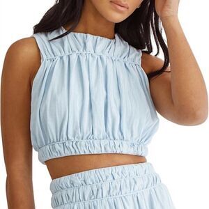 Girl And The Sun Collette Crop Top High Neck Keyhole Back Women’s XL Blue Ruffle